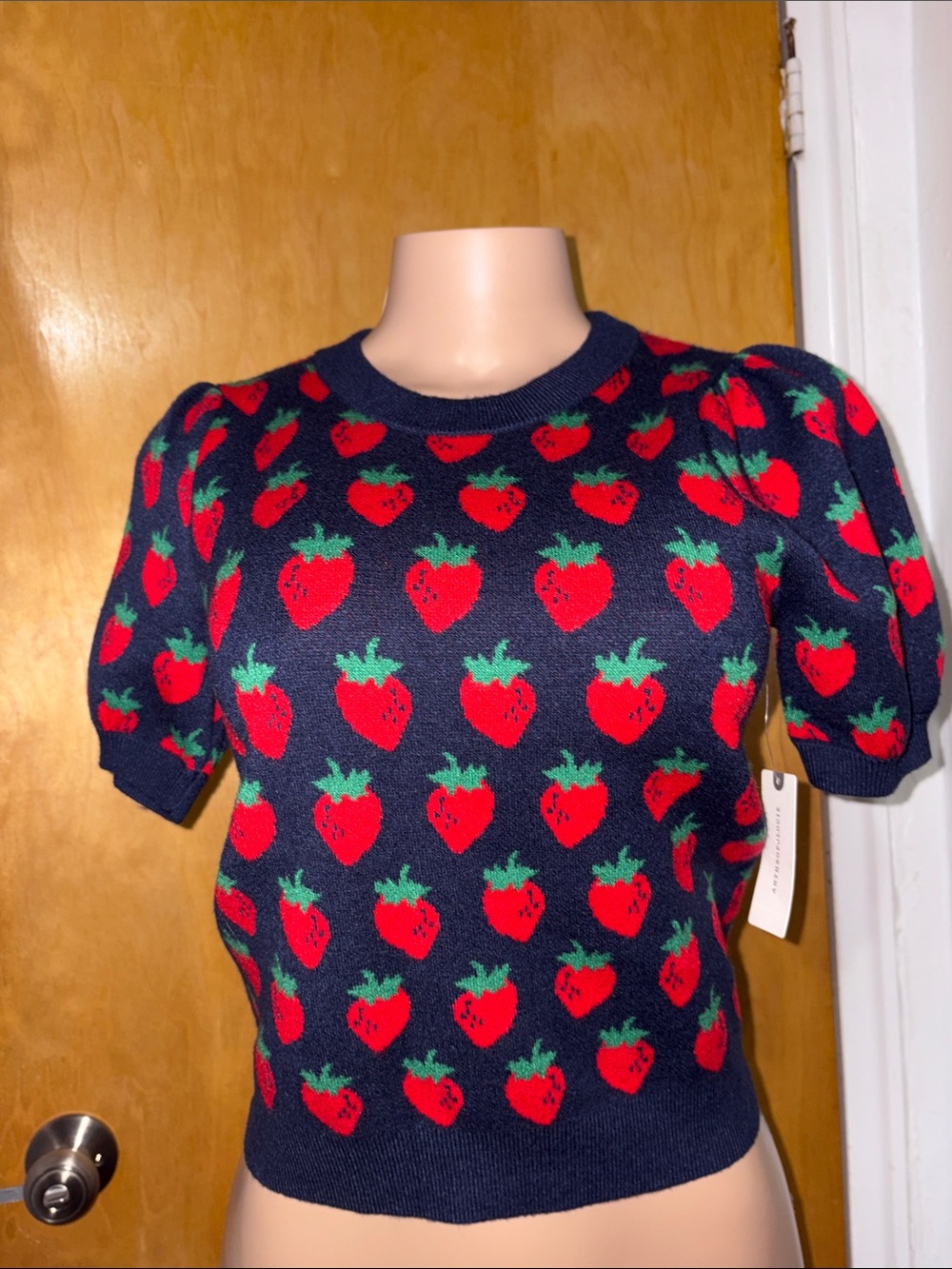 Maeve Navy Knit Sweater with Red Strawberry Motif
